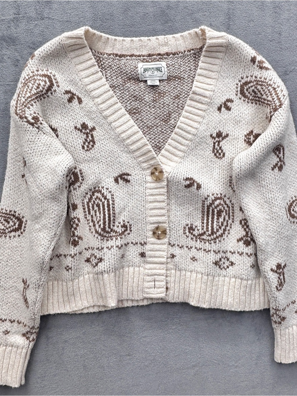 American Eagle Outfitters Cream and Brown Paisley V-Neck Button Cardigan